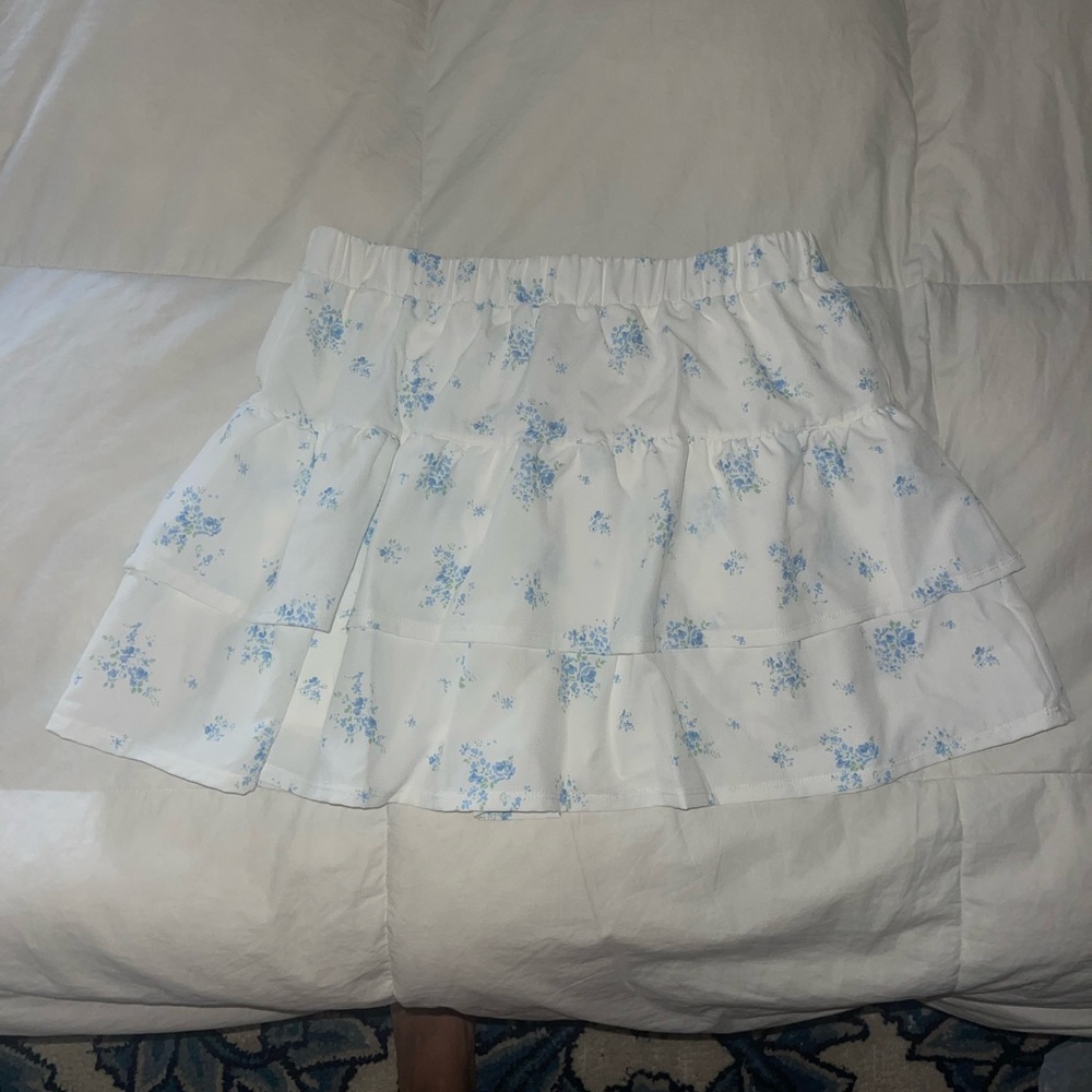 Floral White and Blue Tiered Skirt